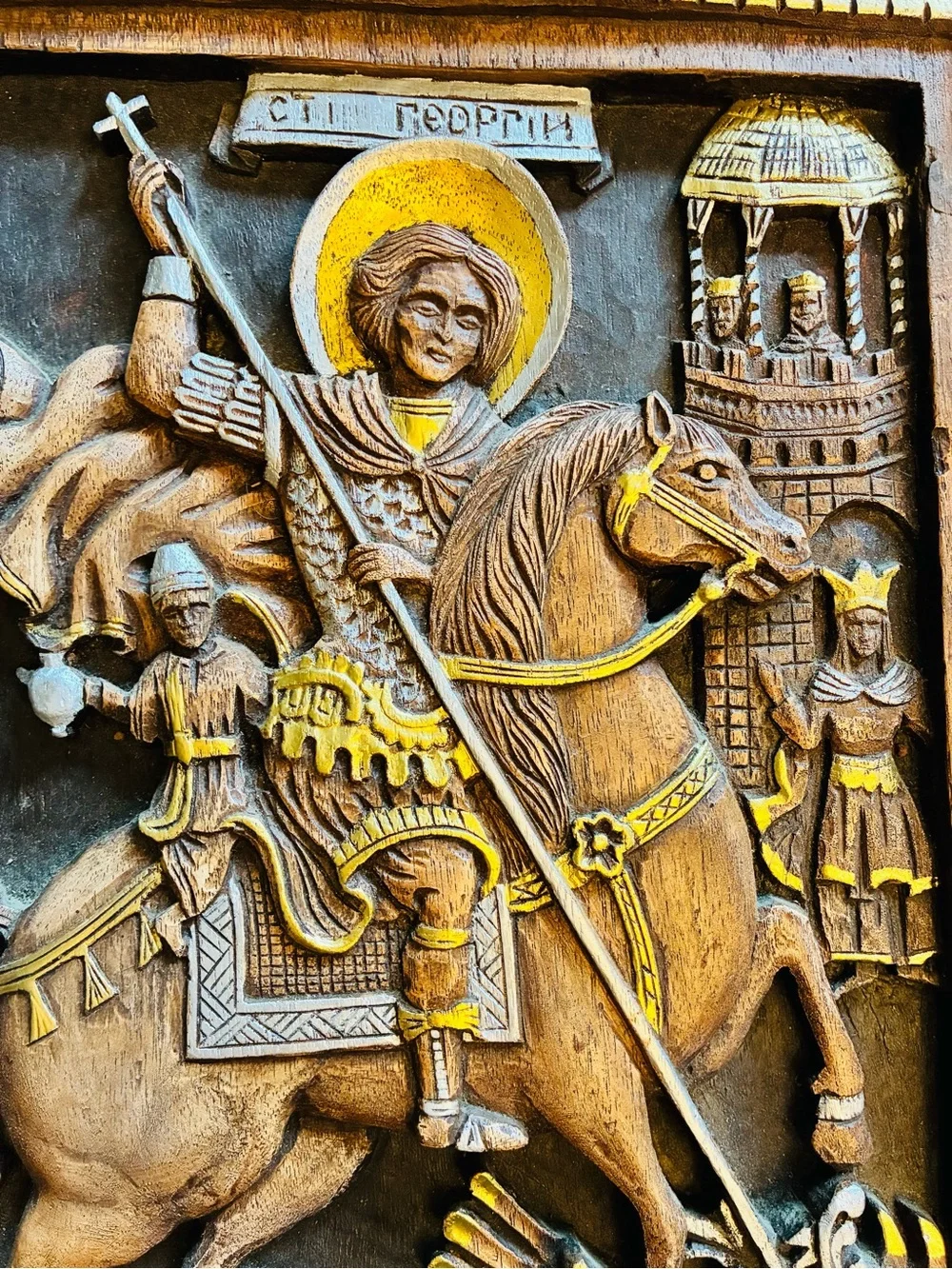 St George Slaying Dragon Carved Wood Relief Icon 3D Orthodox Wall Plaque FEB